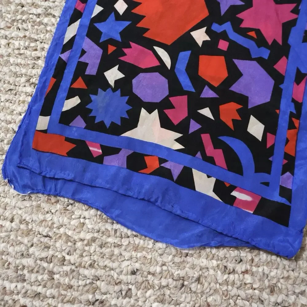 Vintage Collection XIIX Funky Blue Purple Print Silk Rectangle Scarf 80s